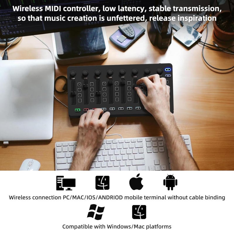 M-Wave Wireless Midi Controller Mixer, Bluetooth Semi Weighted Professional dynamic keybed 8 Knobs and Music Production,Software Included (Black Mixer) - Image 2
